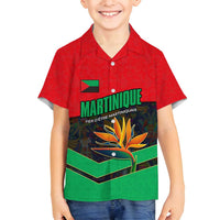 Martinique Pride Family Matching Off Shoulder Short Dress and Hawaiian Shirt with Red Green Design and Tropical Bird of Paradise Flower