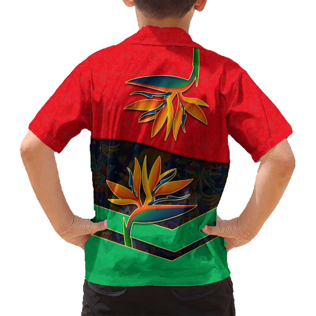 Martinique Pride Family Matching Puletasi and Hawaiian Shirt with Red Green Design and Tropical Bird of Paradise Flower