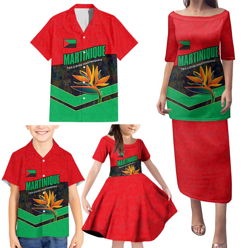 Martinique Pride Family Matching Puletasi and Hawaiian Shirt with Red Green Design and Tropical Bird of Paradise Flower