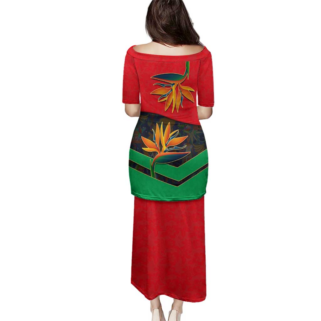 Martinique Pride Family Matching Puletasi and Hawaiian Shirt with Red Green Design and Tropical Bird of Paradise Flower