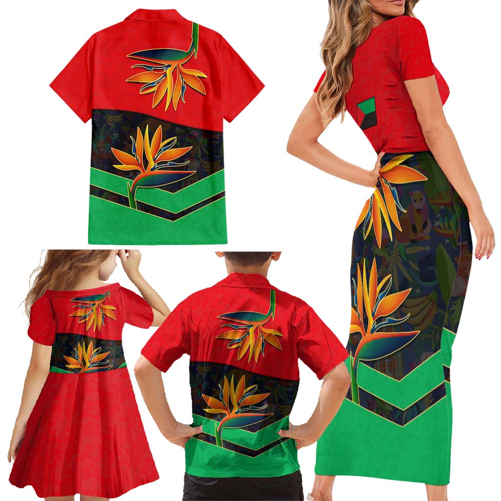 Martinique Pride Family Matching Short Sleeve Bodycon Dress and Hawaiian Shirt with Red Green Design and Tropical Bird of Paradise Flower