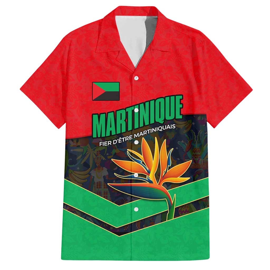 Martinique Pride Family Matching Short Sleeve Bodycon Dress and Hawaiian Shirt with Red Green Design and Tropical Bird of Paradise Flower