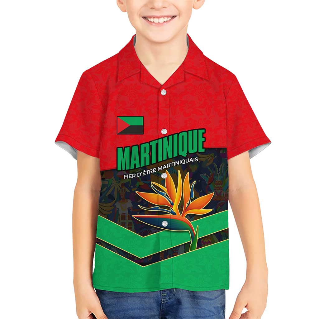 Martinique Pride Family Matching Short Sleeve Bodycon Dress and Hawaiian Shirt with Red Green Design and Tropical Bird of Paradise Flower