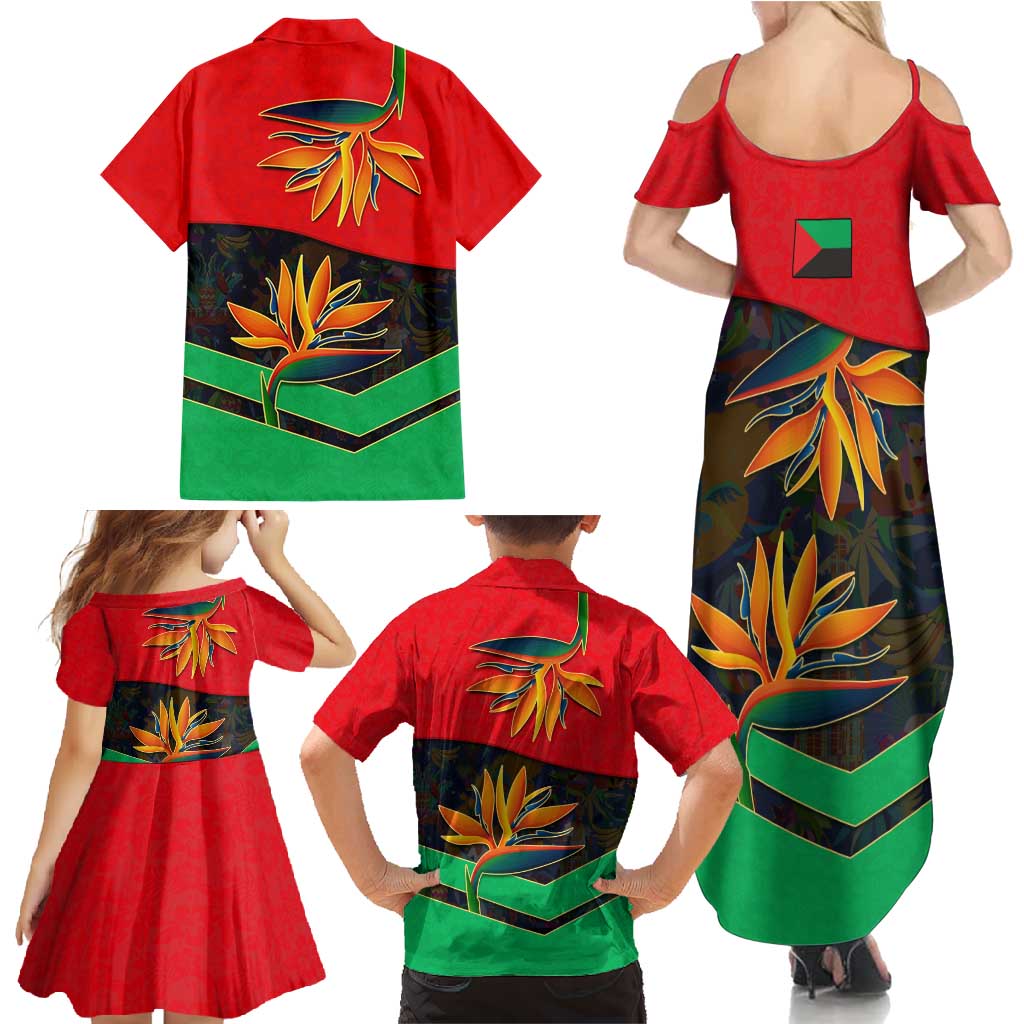 Martinique Pride Family Matching Summer Maxi Dress and Hawaiian Shirt with Red Green Design and Tropical Bird of Paradise Flower