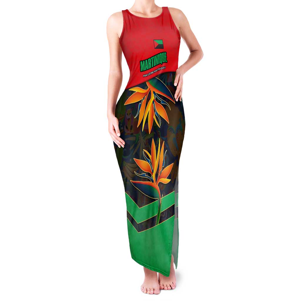 Martinique Pride Family Matching Tank Maxi Dress and Hawaiian Shirt with Red Green Design and Tropical Bird of Paradise Flower