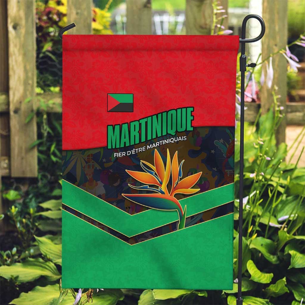 Martinique Pride Garden Flag with Red Green Design and Tropical Bird of Paradise Flower