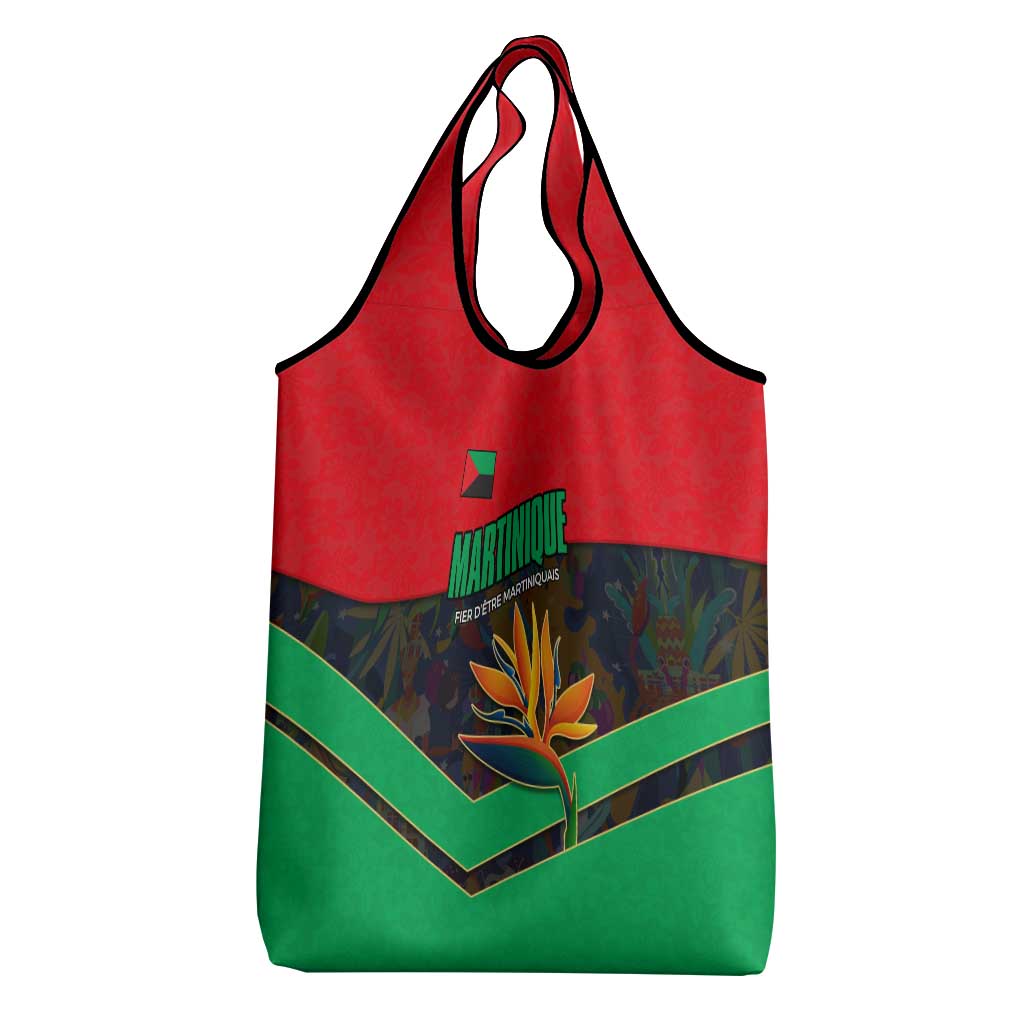 Martinique Pride Grocery Bag with Red Green Design and Tropical Bird of Paradise Flower