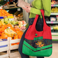 Martinique Pride Grocery Bag with Red Green Design and Tropical Bird of Paradise Flower