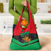 Martinique Pride Grocery Bag with Red Green Design and Tropical Bird of Paradise Flower