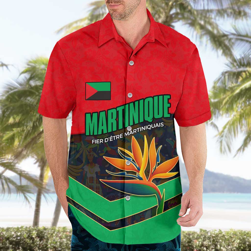 Martinique Pride Hawaiian Shirt with Red Green Design and Tropical Bird of Paradise Flower