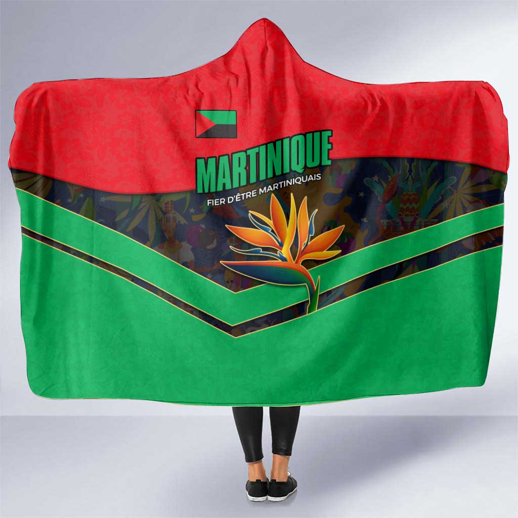 Martinique Pride Hooded Blanket with Red Green Design and Tropical Bird of Paradise Flower