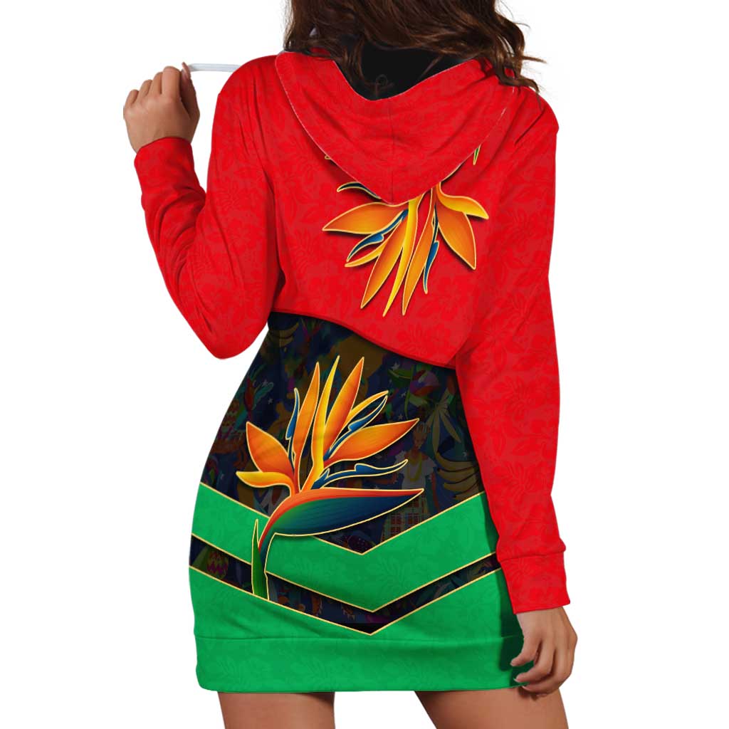 Martinique Pride Hoodie Dress with Red Green Design and Tropical Bird of Paradise Flower