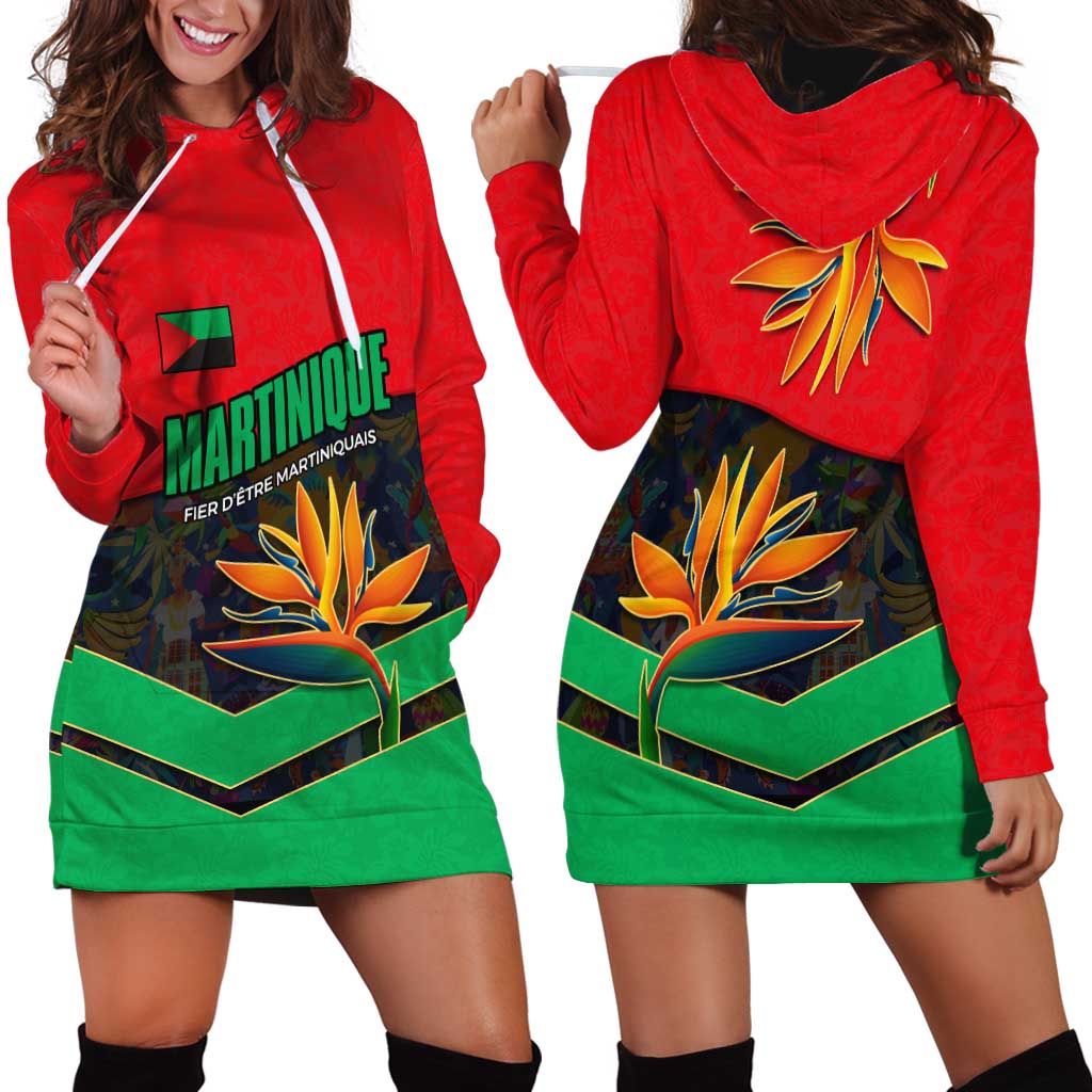 Martinique Pride Hoodie Dress with Red Green Design and Tropical Bird of Paradise Flower