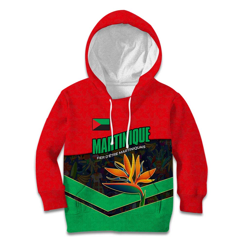 Martinique Pride Kid Hoodie with Red Green Design and Tropical Bird of Paradise Flower