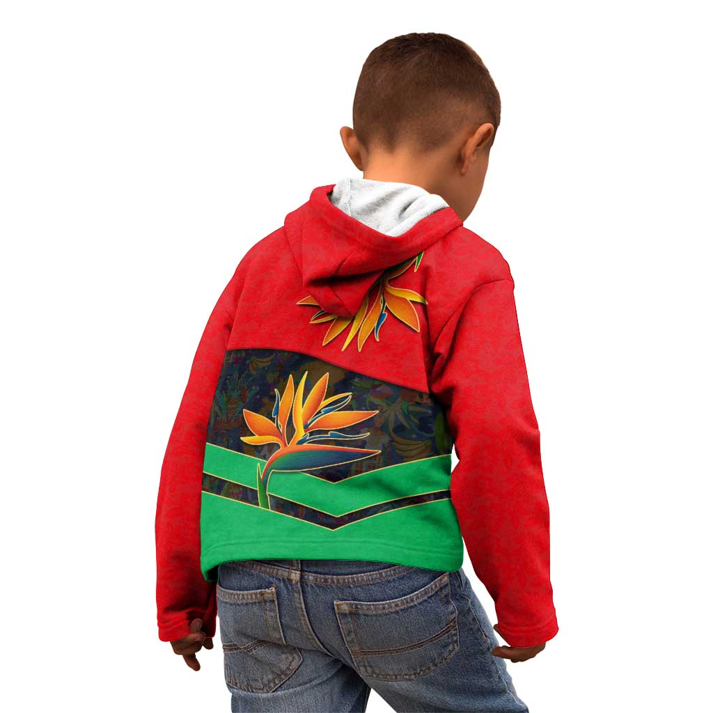 Martinique Pride Kid Hoodie with Red Green Design and Tropical Bird of Paradise Flower
