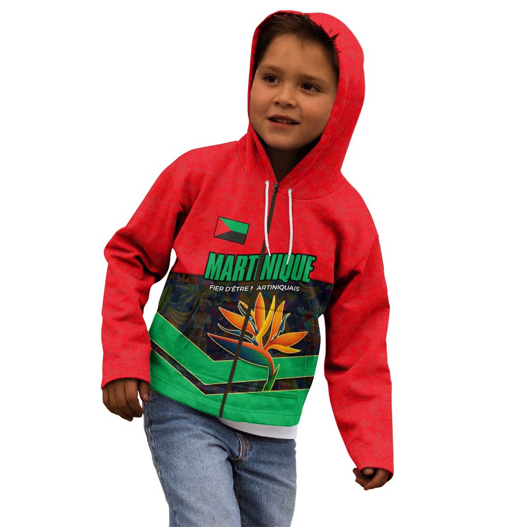 Martinique Pride Kid Hoodie with Red Green Design and Tropical Bird of Paradise Flower