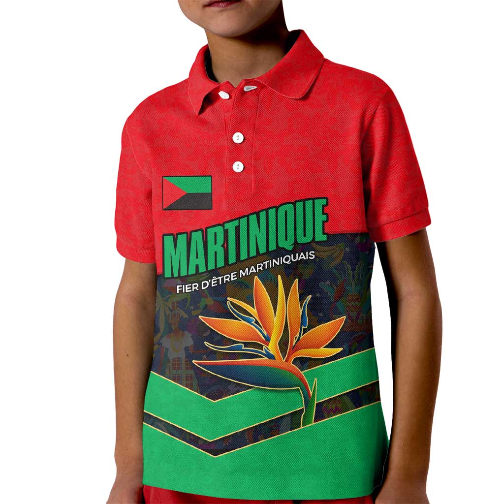 Martinique Pride Kid Polo Shirt with Red Green Design and Tropical Bird of Paradise Flower