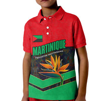 Martinique Pride Kid Polo Shirt with Red Green Design and Tropical Bird of Paradise Flower