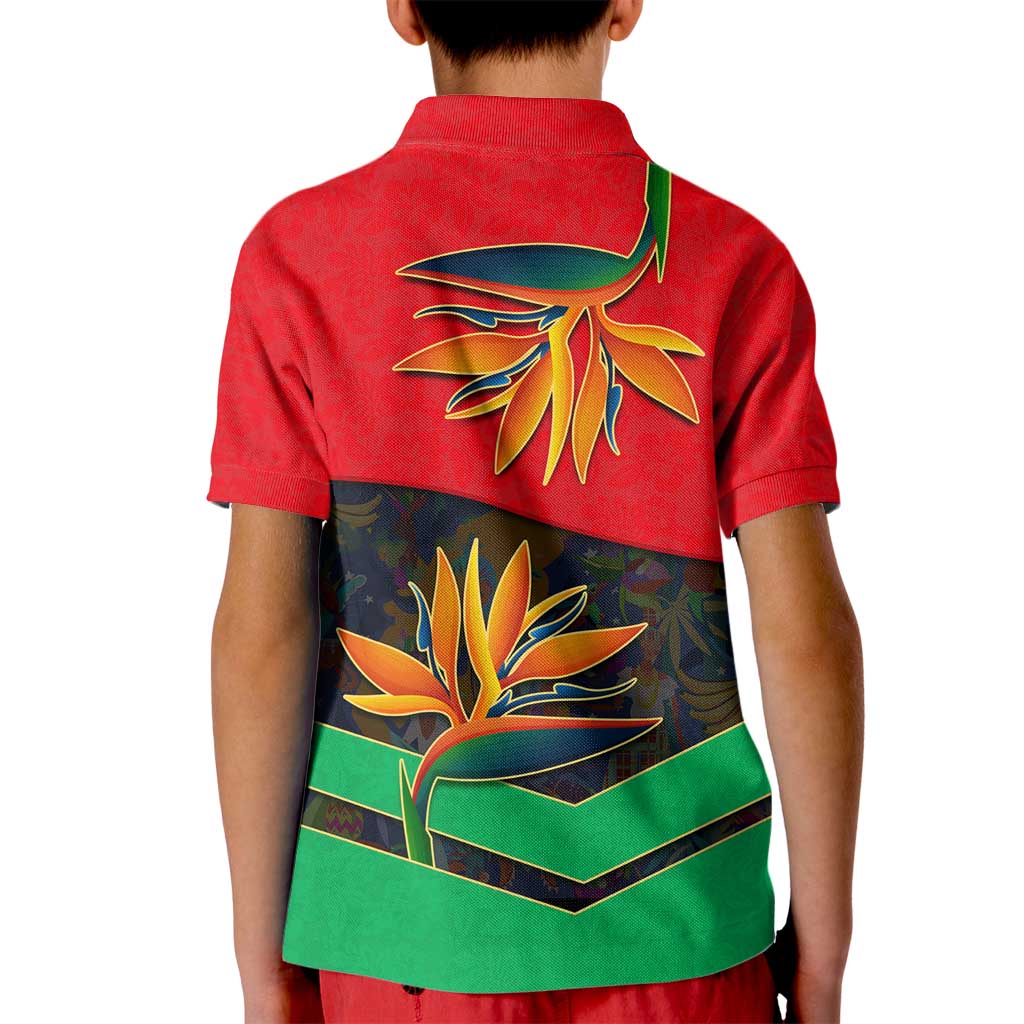 Martinique Pride Kid Polo Shirt with Red Green Design and Tropical Bird of Paradise Flower