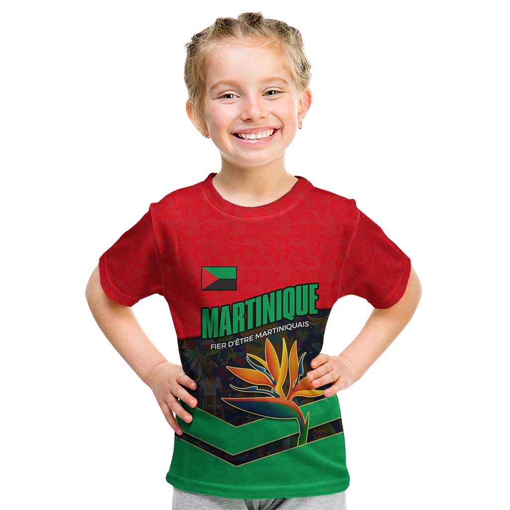 Martinique Pride Kid T Shirt with Red Green Design and Tropical Bird of Paradise Flower