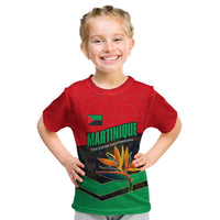 Martinique Pride Kid T Shirt with Red Green Design and Tropical Bird of Paradise Flower