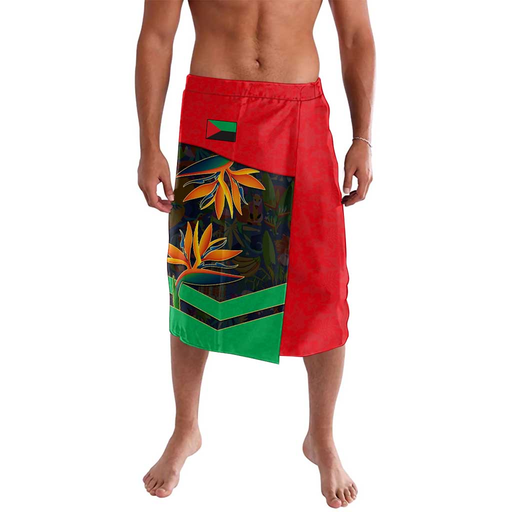 Martinique Pride Lavalava with Red Green Design and Tropical Bird of Paradise Flower