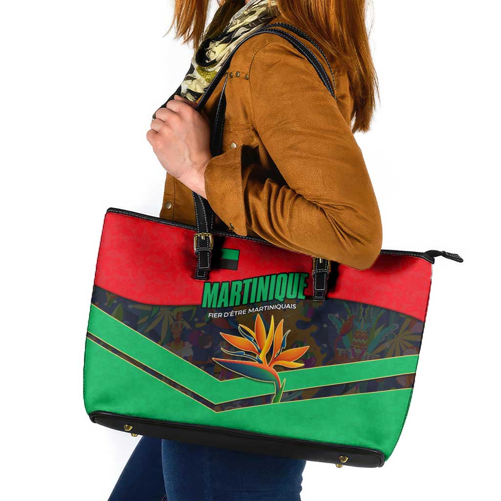 Martinique Pride Leather Tote Bag with Red Green Design and Tropical Bird of Paradise Flower