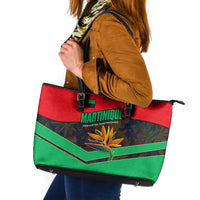Martinique Pride Leather Tote Bag with Red Green Design and Tropical Bird of Paradise Flower