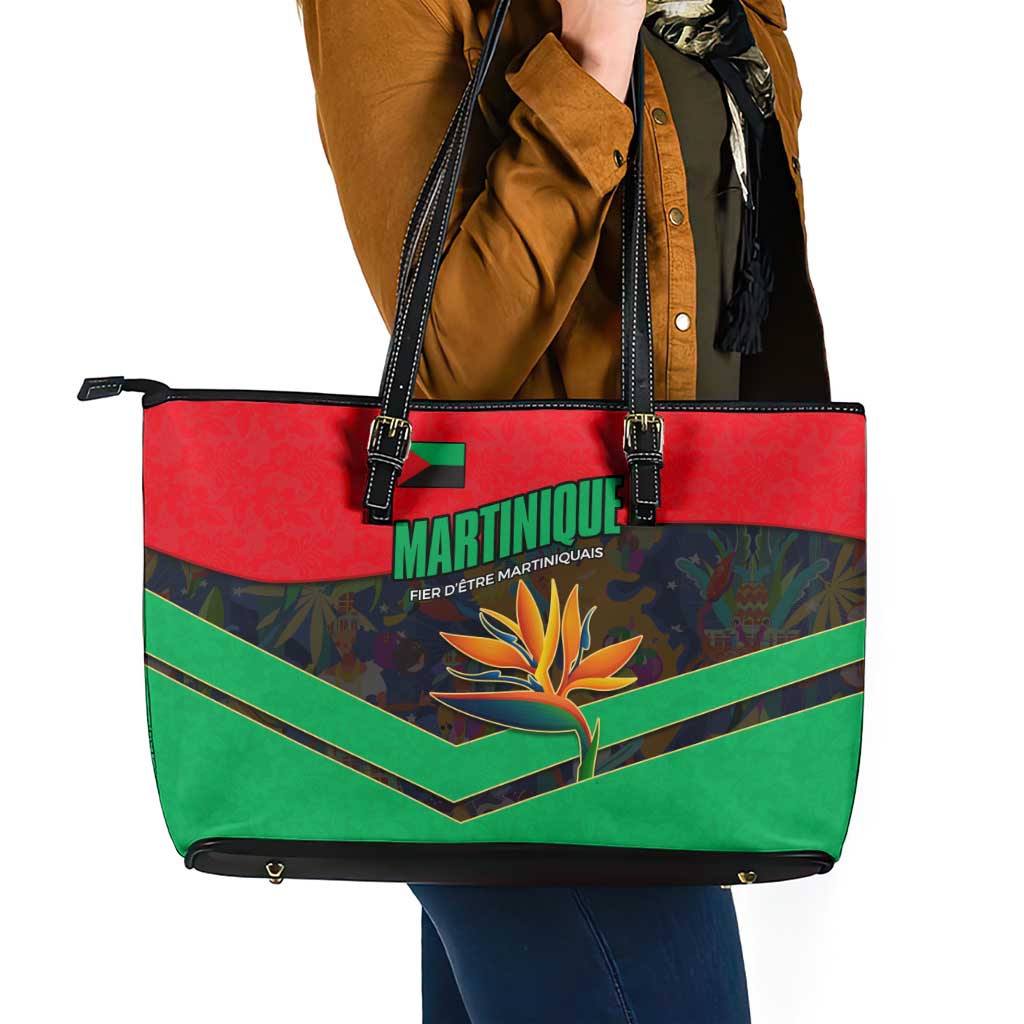 Martinique Pride Leather Tote Bag with Red Green Design and Tropical Bird of Paradise Flower