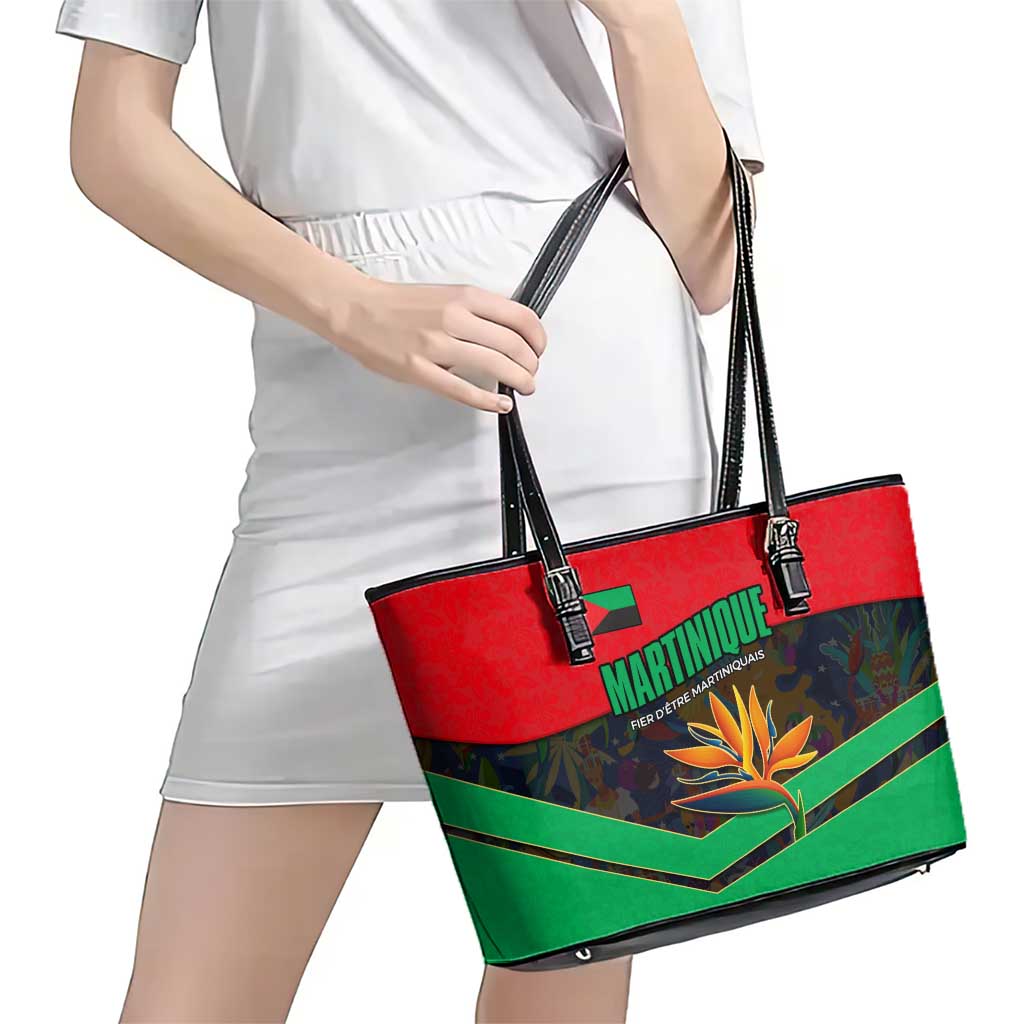 Martinique Pride Leather Tote Bag with Red Green Design and Tropical Bird of Paradise Flower