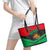 Martinique Pride Leather Tote Bag with Red Green Design and Tropical Bird of Paradise Flower