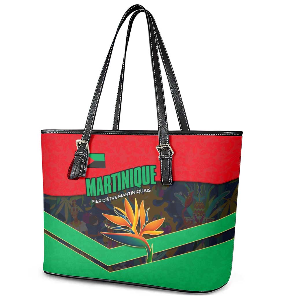 Martinique Pride Leather Tote Bag with Red Green Design and Tropical Bird of Paradise Flower