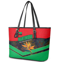 Martinique Pride Leather Tote Bag with Red Green Design and Tropical Bird of Paradise Flower