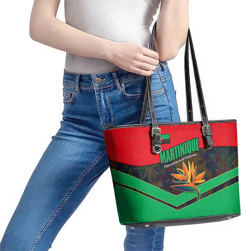 Martinique Pride Leather Tote Bag with Red Green Design and Tropical Bird of Paradise Flower