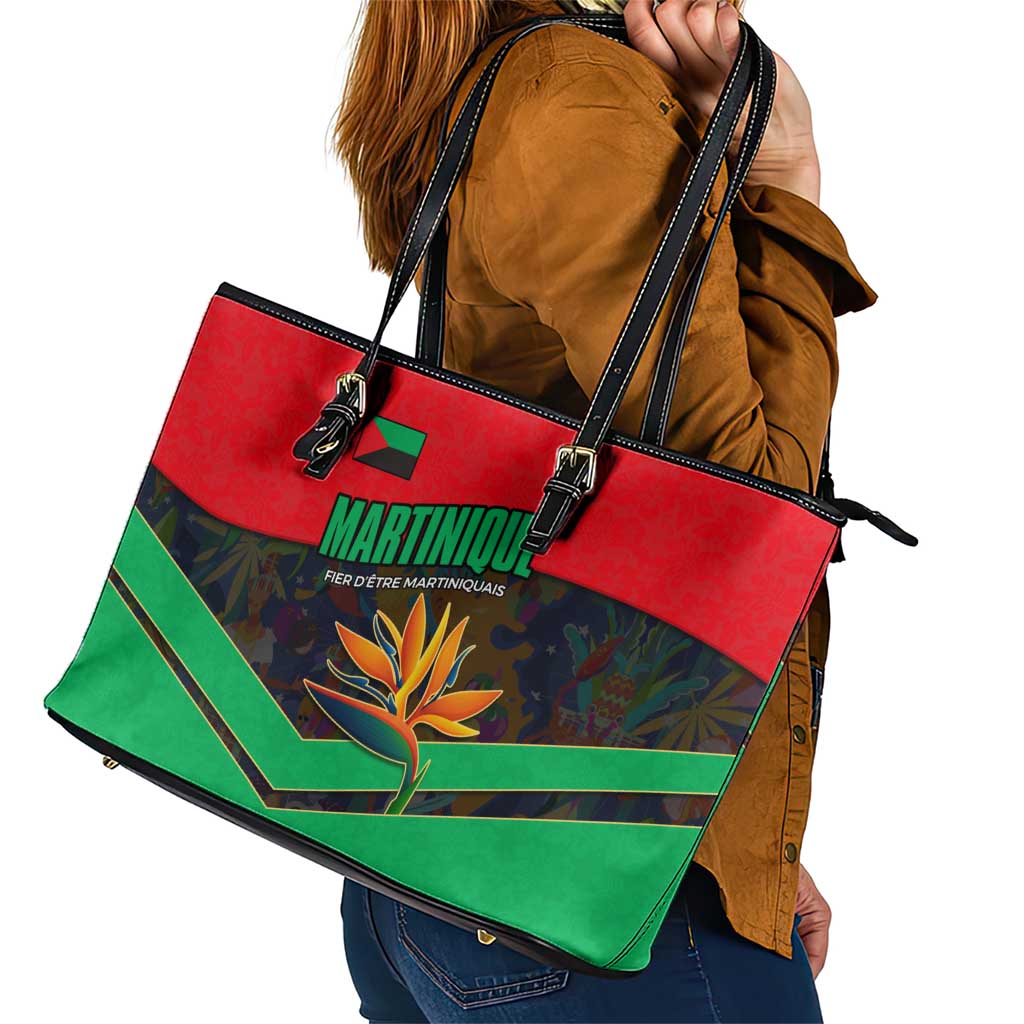 Martinique Pride Leather Tote Bag with Red Green Design and Tropical Bird of Paradise Flower