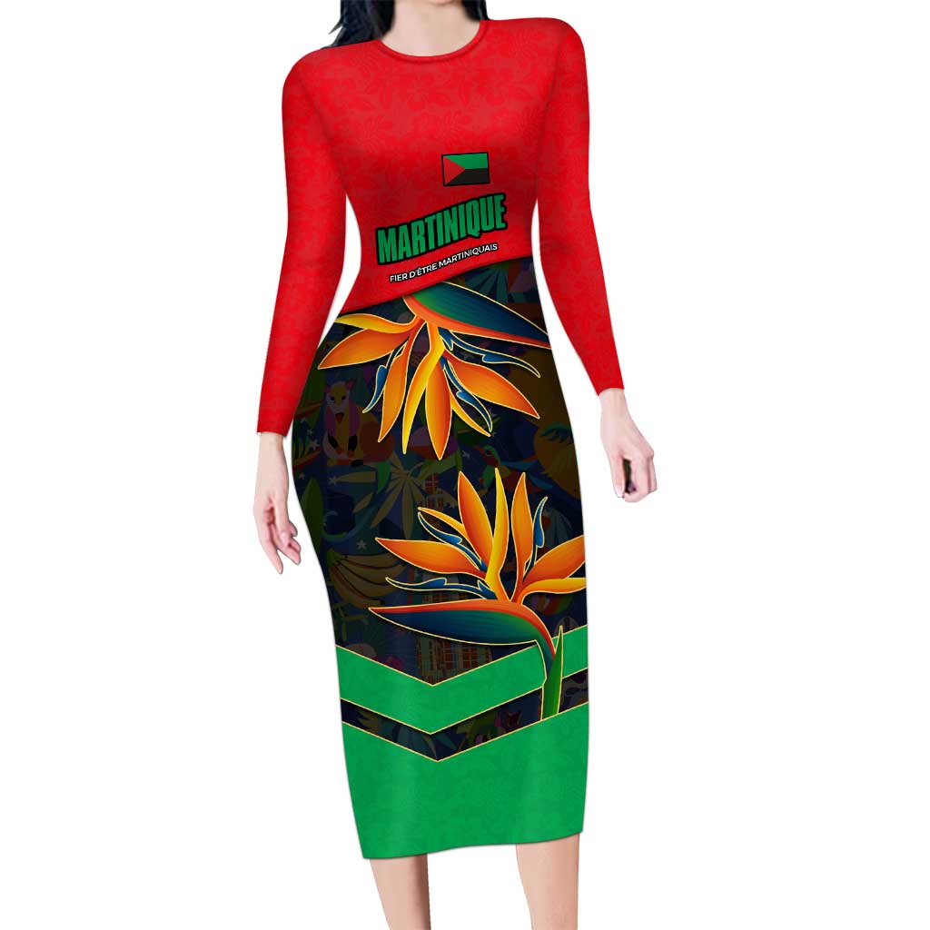Martinique Pride Long Sleeve Bodycon Dress with Red Green Design and Tropical Bird of Paradise Flower
