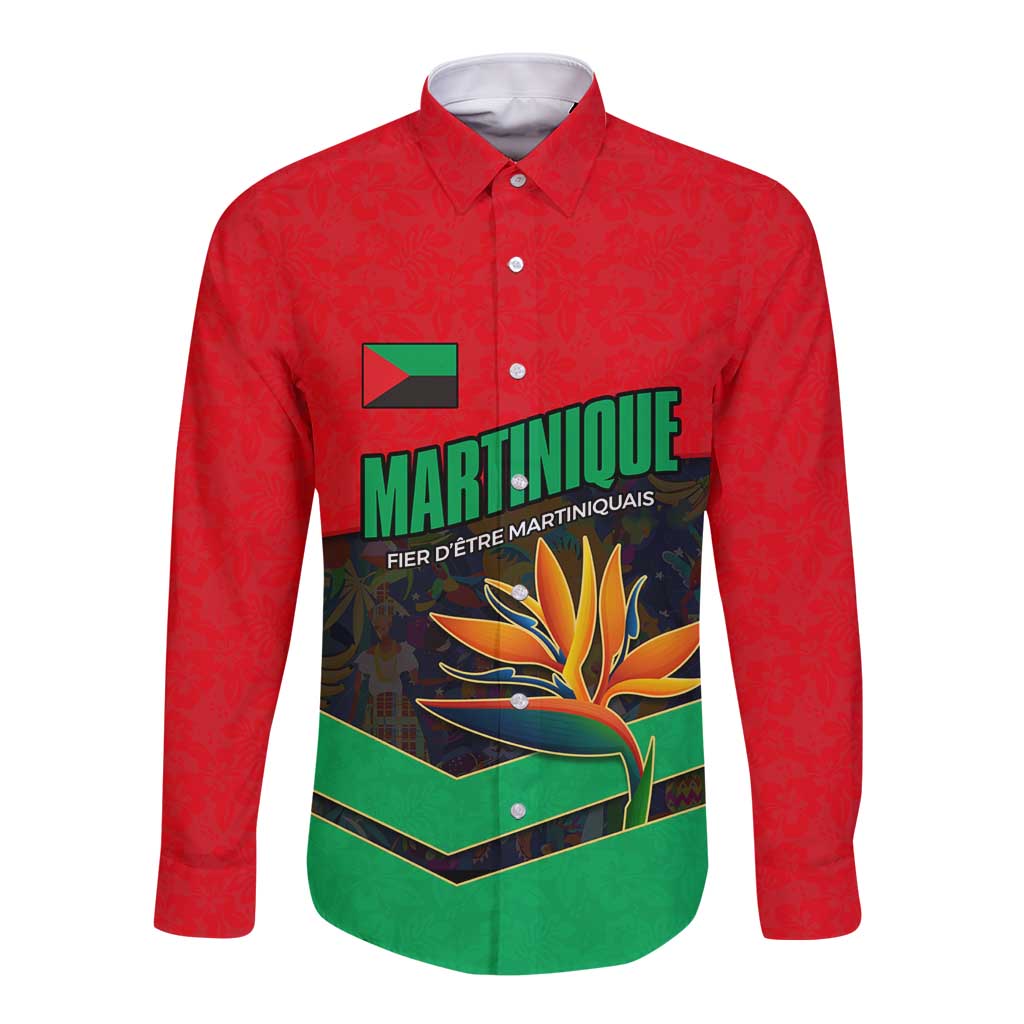 Martinique Pride Long Sleeve Button Shirt with Red Green Design and Tropical Bird of Paradise Flower