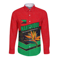Martinique Pride Long Sleeve Button Shirt with Red Green Design and Tropical Bird of Paradise Flower