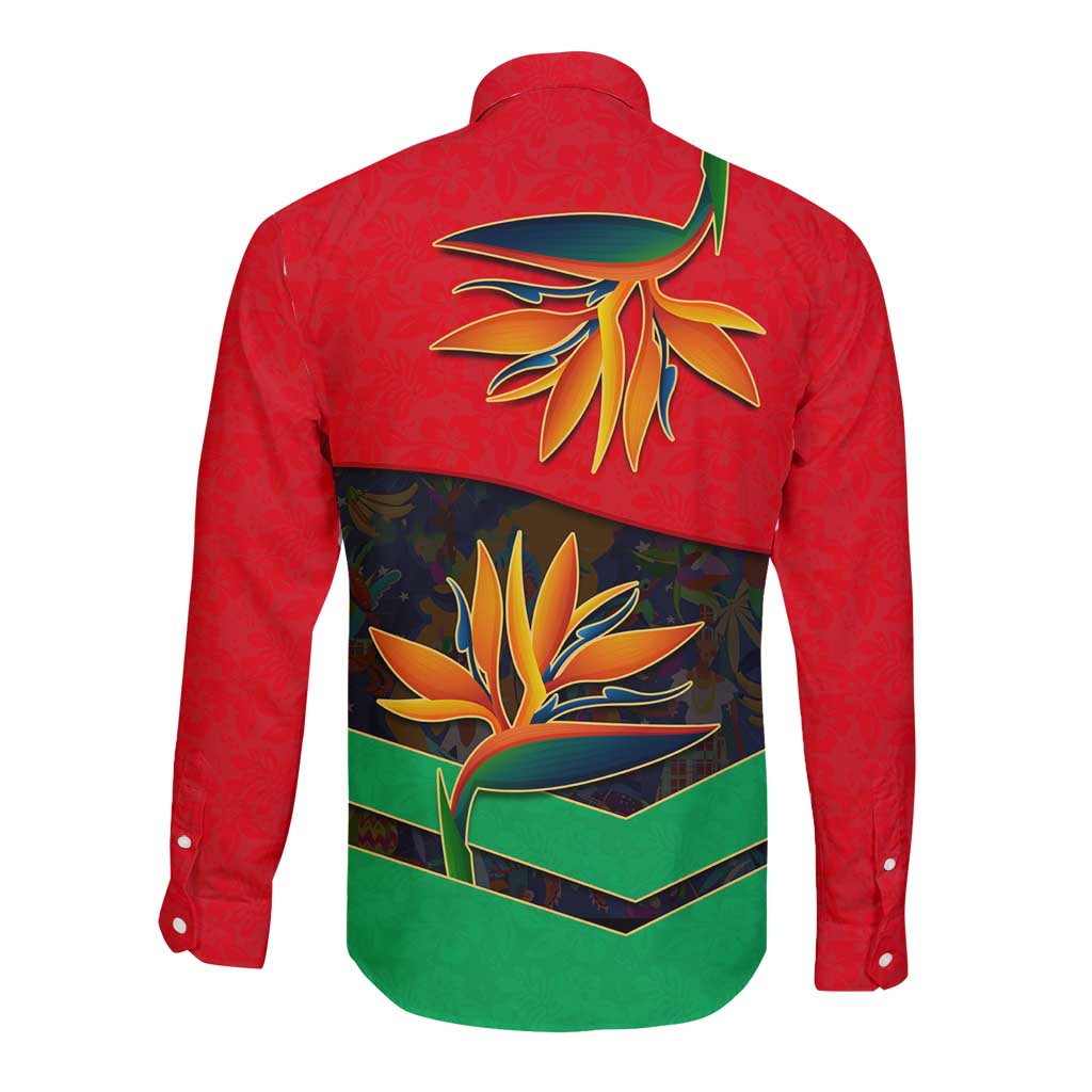 Martinique Pride Long Sleeve Button Shirt with Red Green Design and Tropical Bird of Paradise Flower