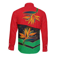 Martinique Pride Long Sleeve Button Shirt with Red Green Design and Tropical Bird of Paradise Flower