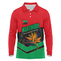 Martinique Pride Long Sleeve Polo Shirt with Red Green Design and Tropical Bird of Paradise Flower