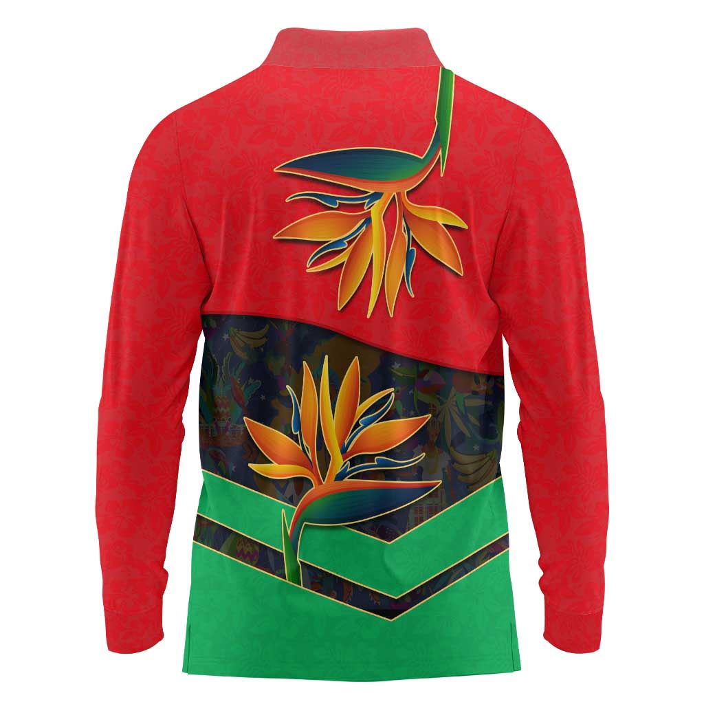 Martinique Pride Long Sleeve Polo Shirt with Red Green Design and Tropical Bird of Paradise Flower