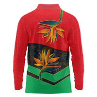 Martinique Pride Long Sleeve Polo Shirt with Red Green Design and Tropical Bird of Paradise Flower