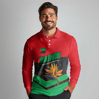 Martinique Pride Long Sleeve Polo Shirt with Red Green Design and Tropical Bird of Paradise Flower