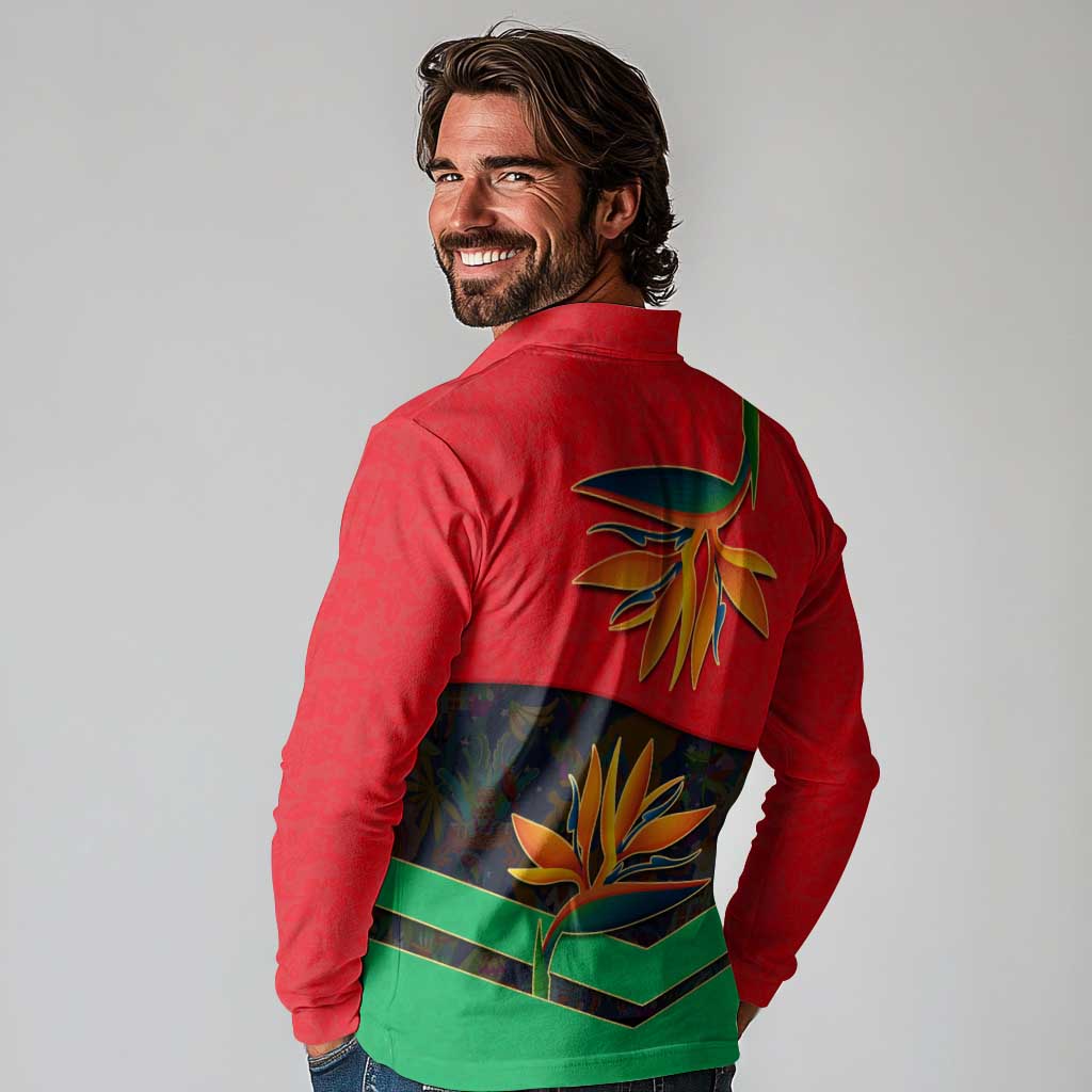 Martinique Pride Long Sleeve Polo Shirt with Red Green Design and Tropical Bird of Paradise Flower