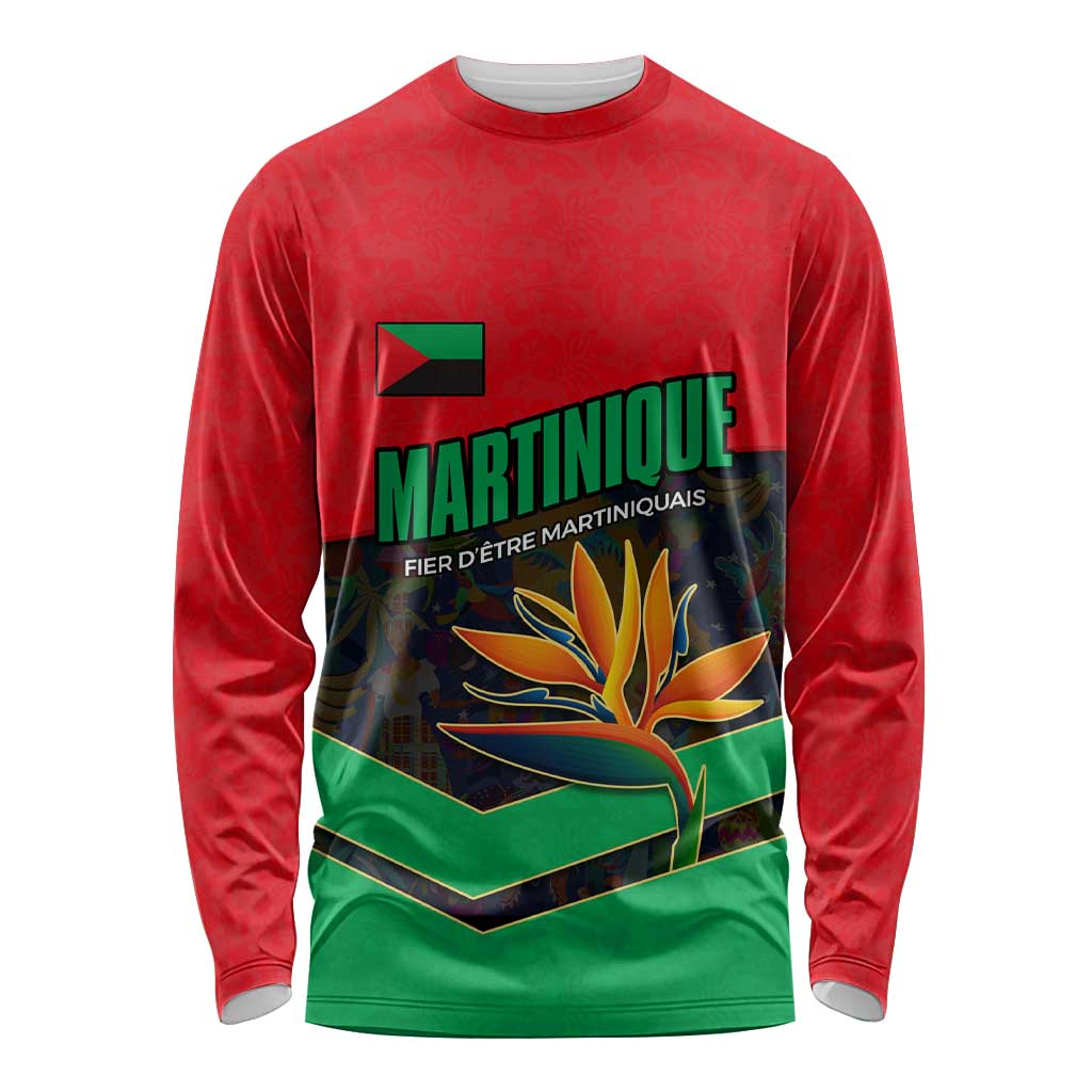 Martinique Pride Long Sleeve Shirt with Red Green Design and Tropical Bird of Paradise Flower