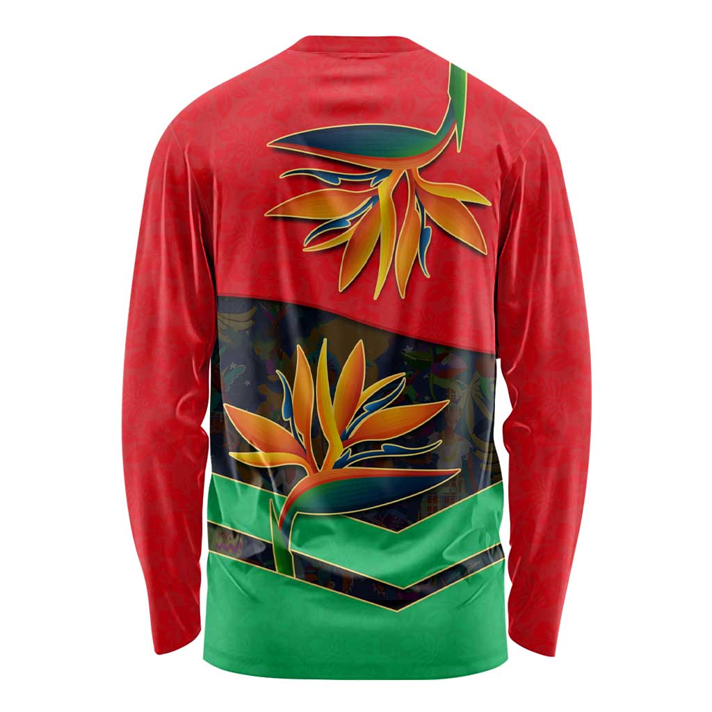 Martinique Pride Long Sleeve Shirt with Red Green Design and Tropical Bird of Paradise Flower