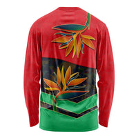 Martinique Pride Long Sleeve Shirt with Red Green Design and Tropical Bird of Paradise Flower