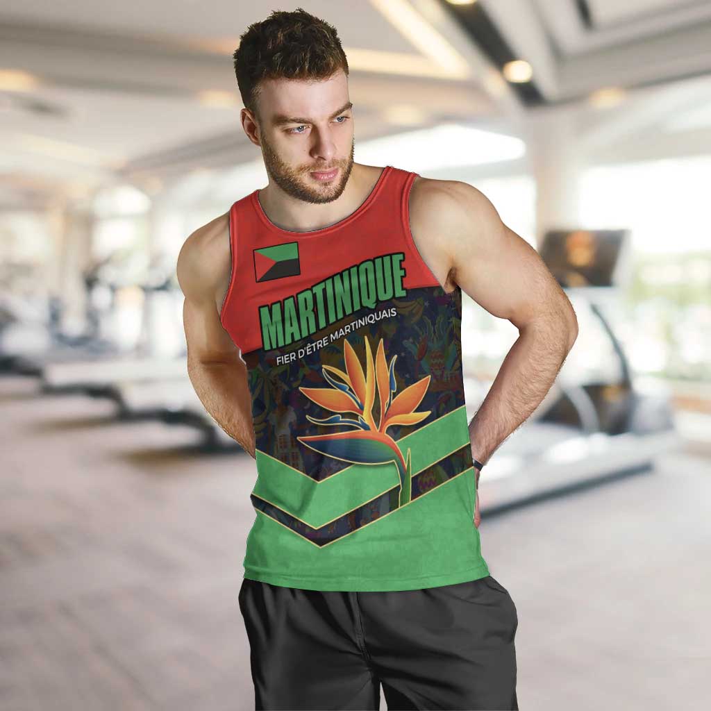 Martinique Pride Men Tank Top with Red Green Design and Tropical Bird of Paradise Flower