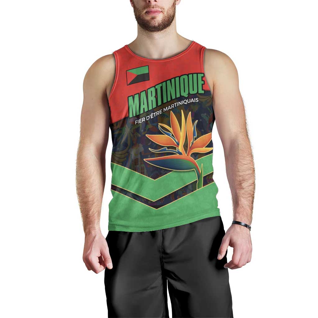 Martinique Pride Men Tank Top with Red Green Design and Tropical Bird of Paradise Flower